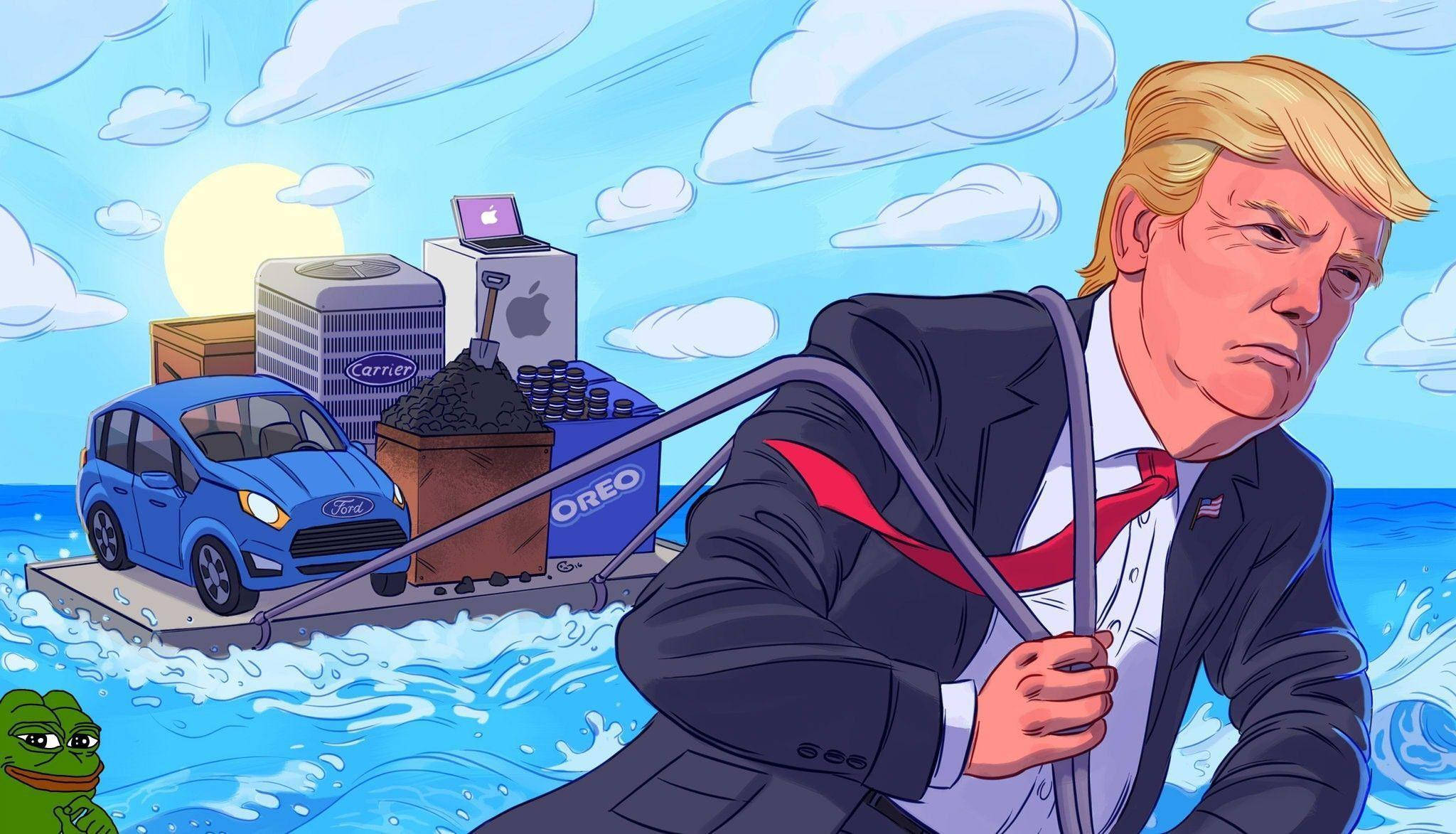 當勞·特朗普 桌布 壁紙 — 一幅卡通唐納德·特朗普在陽光普照的天空下，吃力地拉著一艘載有福特汽車、蘋果筆記本電腦、奧利奧餅乾和開利空調機組的木筏，穿越波濤洶湧的藍色海水。
