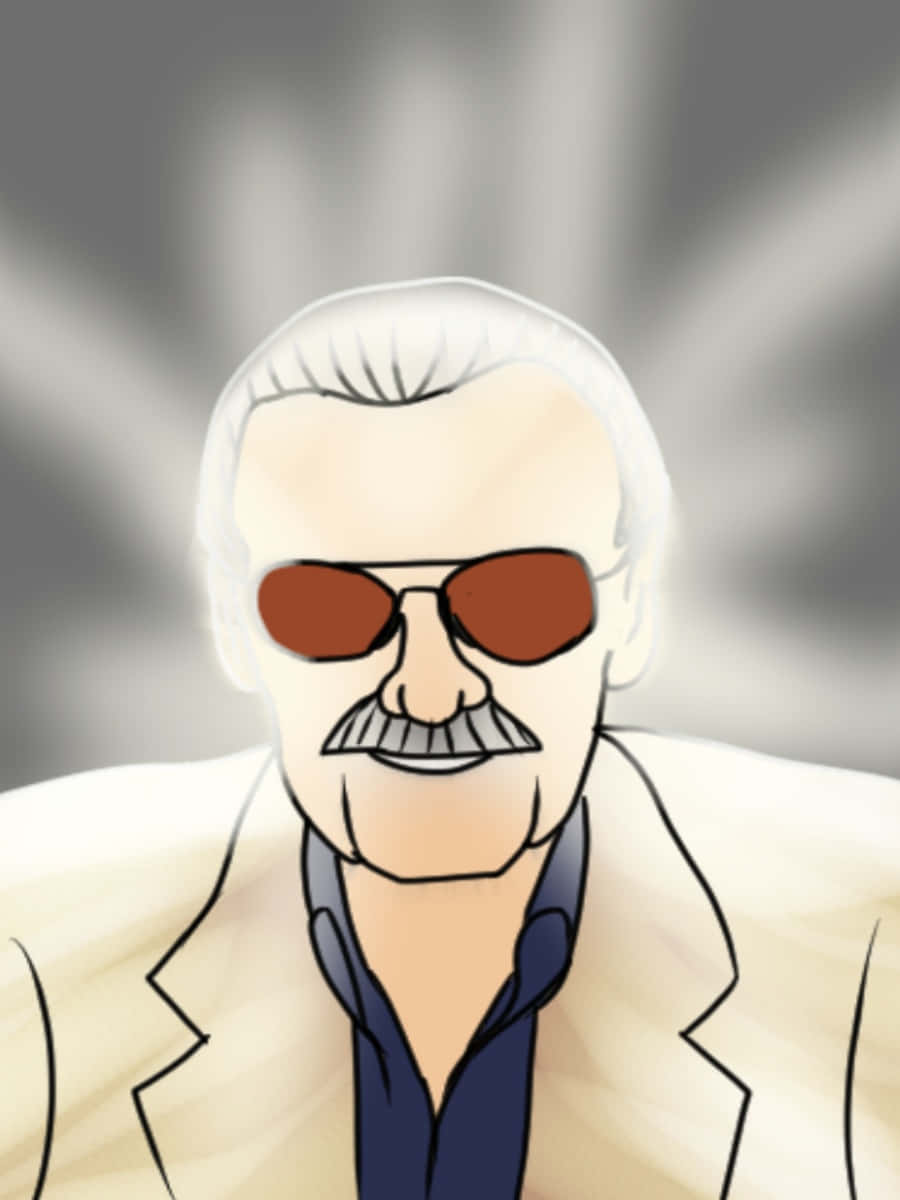 Stan Lee Tribute 桌布 壁紙 — 一幅卡通插圖，描繪一位白髮、留鬍子的男士，戴著紅色太陽眼鏡和米色外套，背景為灰色模糊效果。