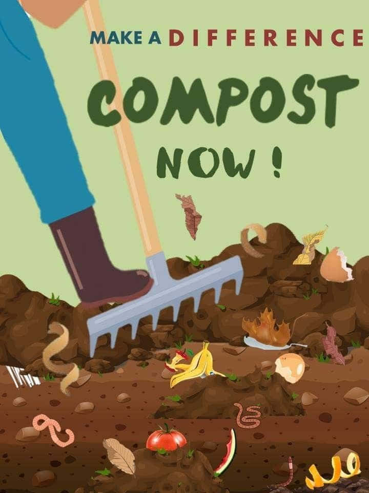 Compost 桌布 壁紙 — 一幅卡通插圖顯示一個人用耙子混合堆肥與香蕉皮、蛋殼和番茄碎屑。