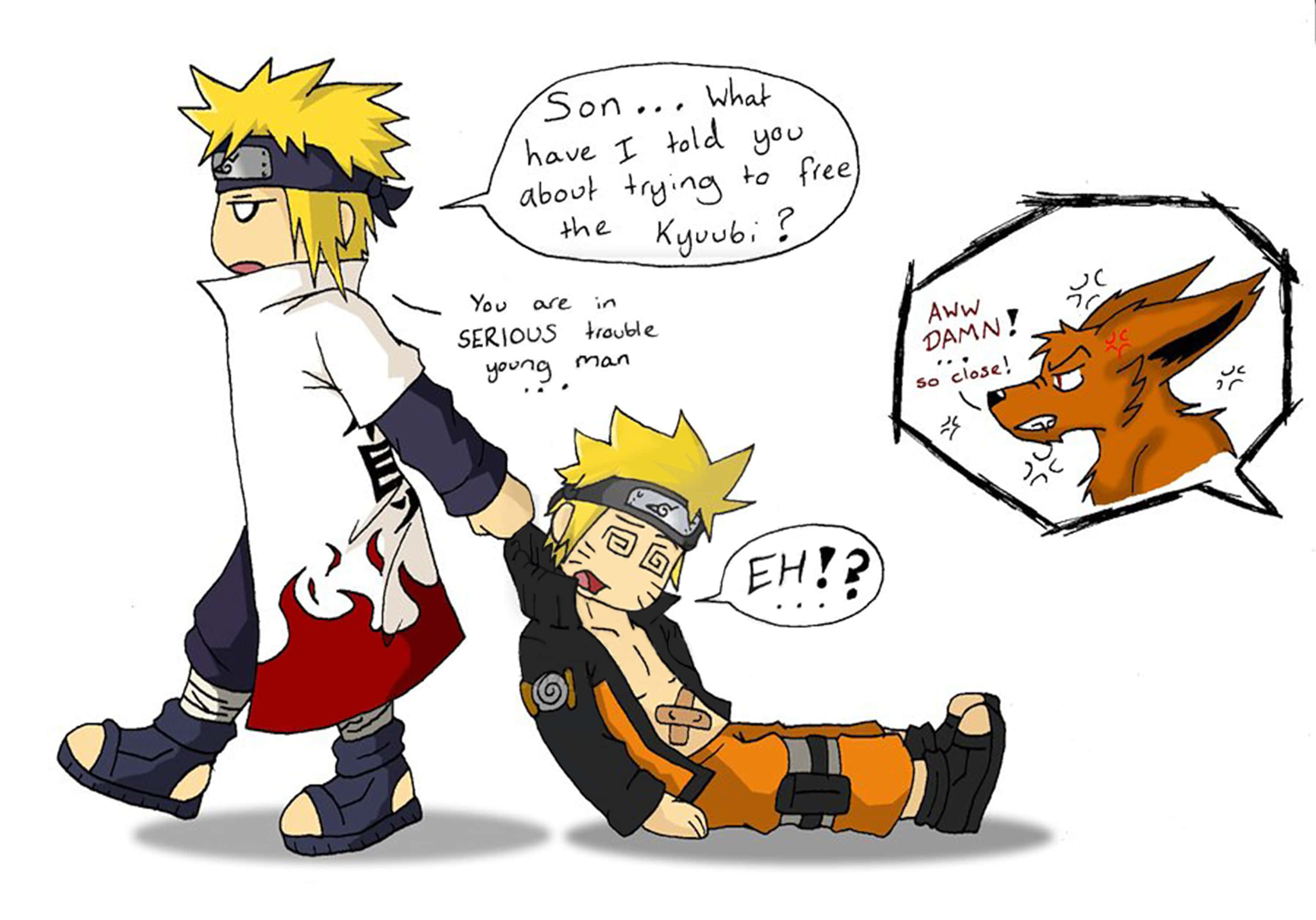 Funny Naruto 桌布 壁紙 — 一幅卡通畫顯示嚴肅的成年鳴人拉著驚訝的年輕鳴人的手臂，而對話氣泡中的狐狸驚呼「哎呀該死就差一點！」