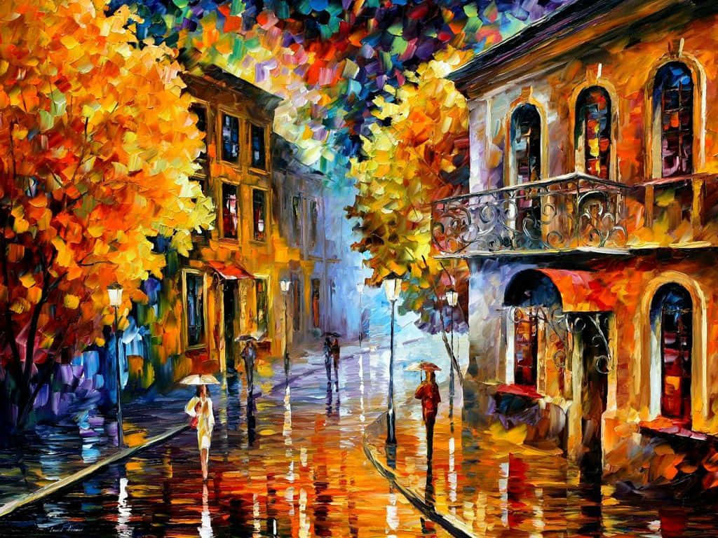雨中的秋日街道，金色的樹木和撐傘的行人倒映在濕漉漉的鵝卵石上。