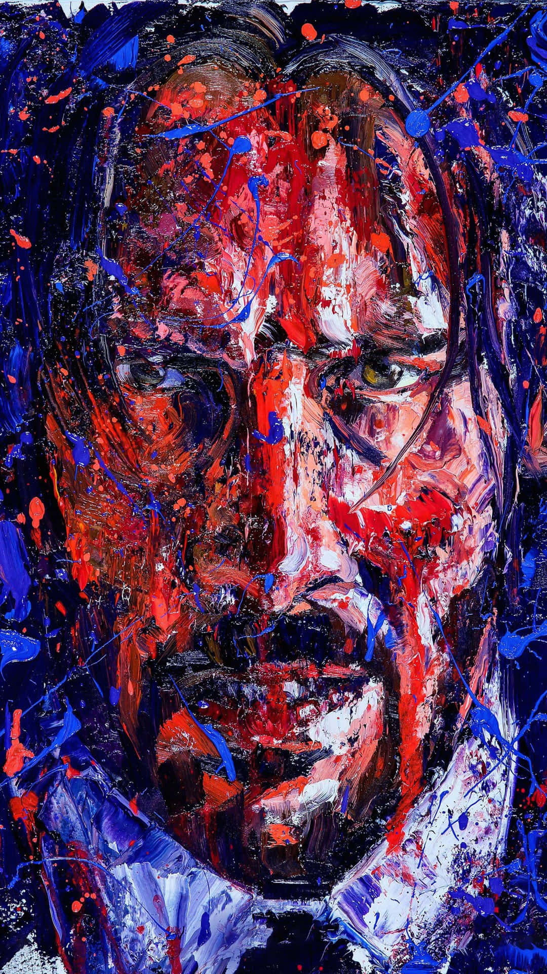 Keanu Reeves 桌布 壁紙 — 一幅原始情感肖像，描繪一名眼神銳利的男子，以大膽的紅色、藍色和黑色顏料潑濺及厚重筆觸呈現。