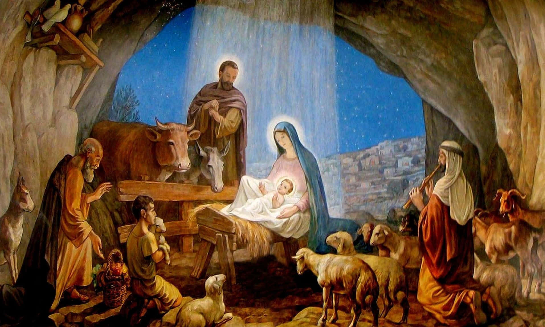 Nativity Scene 桌布 壁紙 — 一幅古典宗教畫描繪了耶穌誕生的場景，瑪利亞在一個洞穴中懷抱嬰兒耶穌，周圍有動物和朝拜的牧羊人，上方是星空。