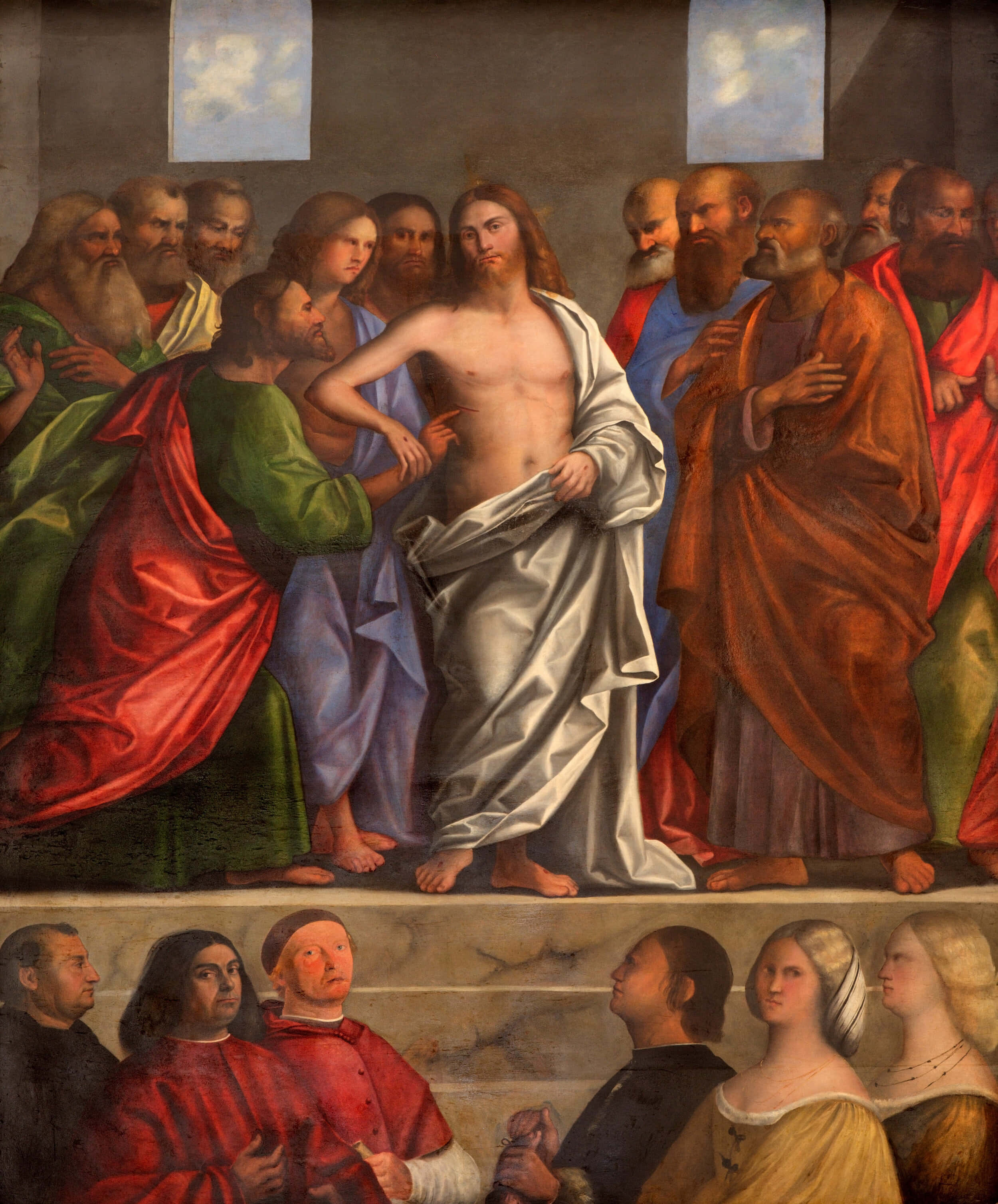 Jesus Disciples 桌布 壁紙 — 一幅古典油畫描繪耶穌基督赤裸上身，身穿白色長袍，被一群身穿色彩鮮豔長袍的旁觀者包圍。