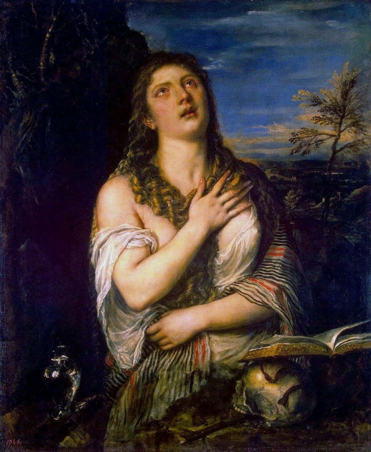 Mary Magdalene 桌布 壁紙 — 一幅古典畫作，描繪一位身穿垂褶長袍的女子，在暮色天空下跪在打開的書本和頭骨旁邊祈禱。