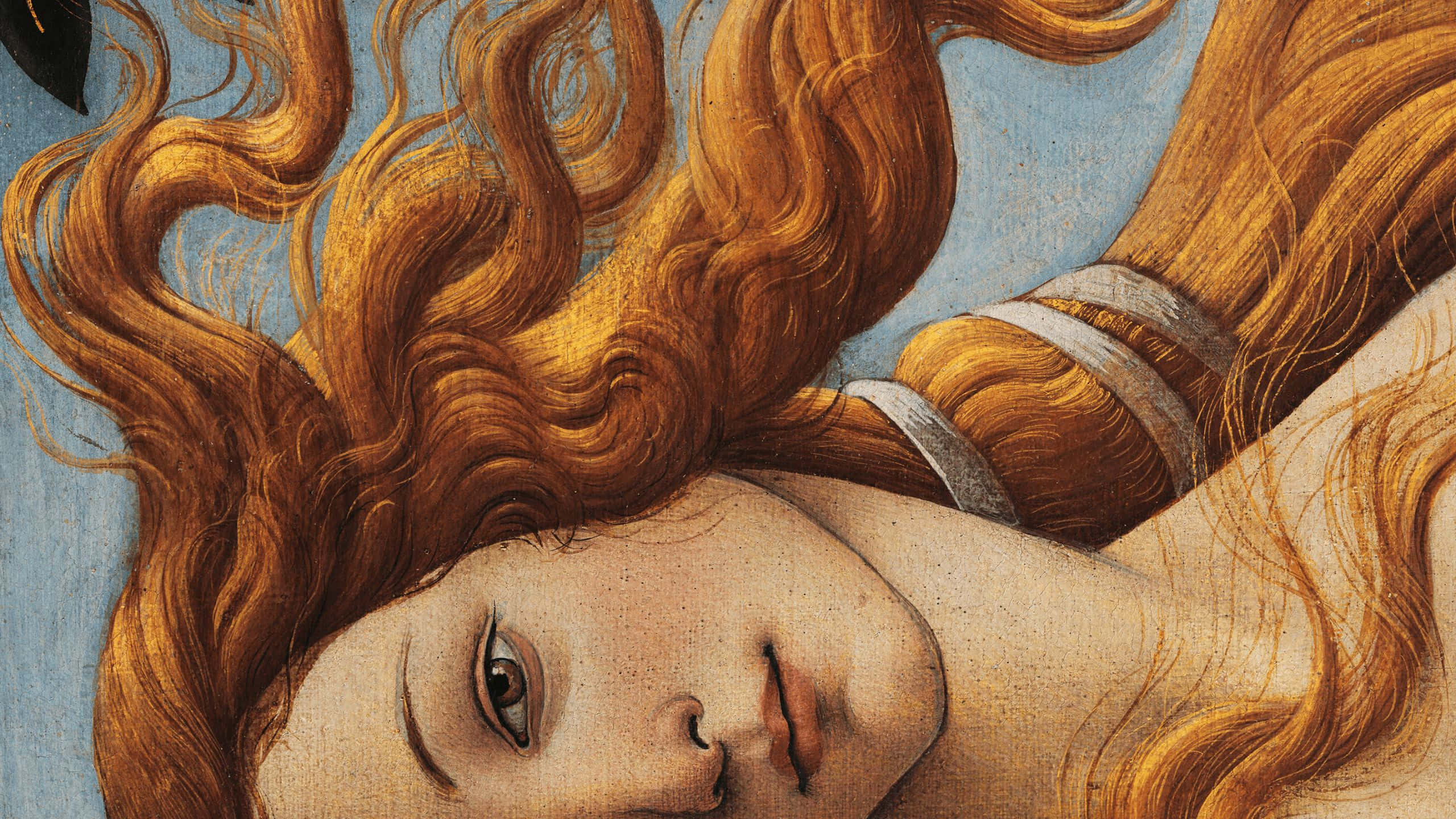 Renaissance 桌布 壁紙 — 一幅古典畫作描繪了一位寧靜的女子，擁有飄逸的金色長髮和銀色髮帶，在柔和的藍色背景下向上凝視。