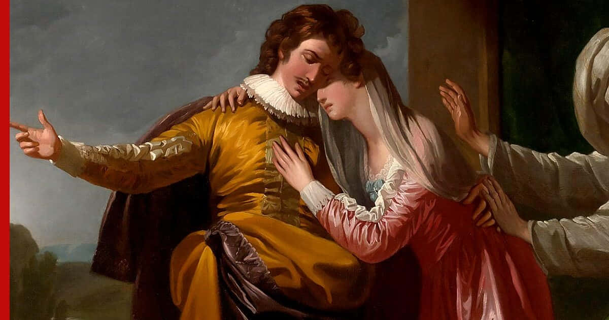 romeo and juliet 桌布 壁紙 — 一幅古典繪畫描繪了一個身穿金色長袍的男人擁抱著一個戴面紗的女人，而另一個人則用手按在她的腰間介入。