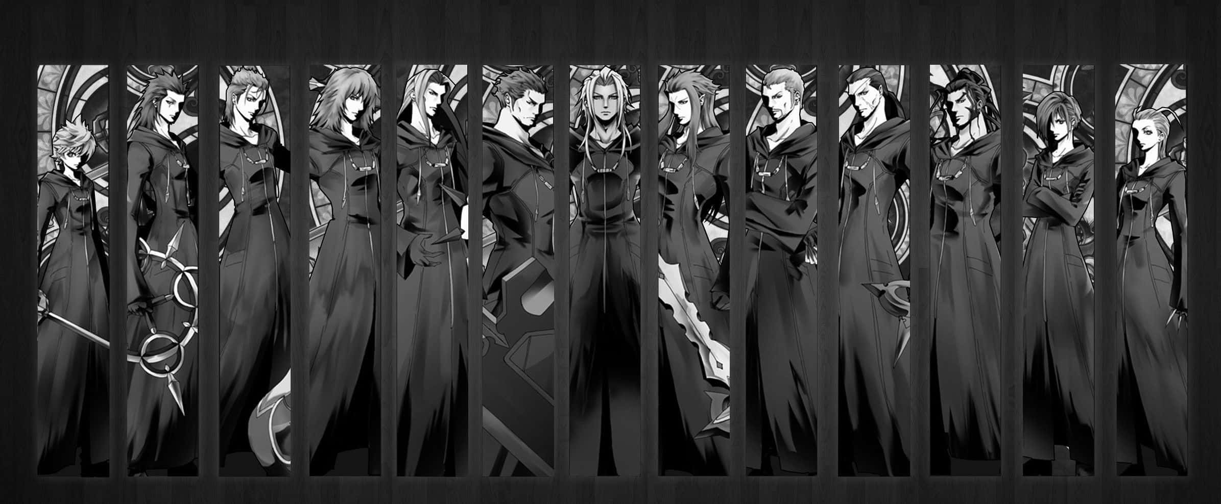 Kingdom Hearts Organization 13 桌布 壁紙 — 一幅單色動漫牆紙，十個身穿長暗色斗篷的角色站在垂直面板中，背景是機械風格。