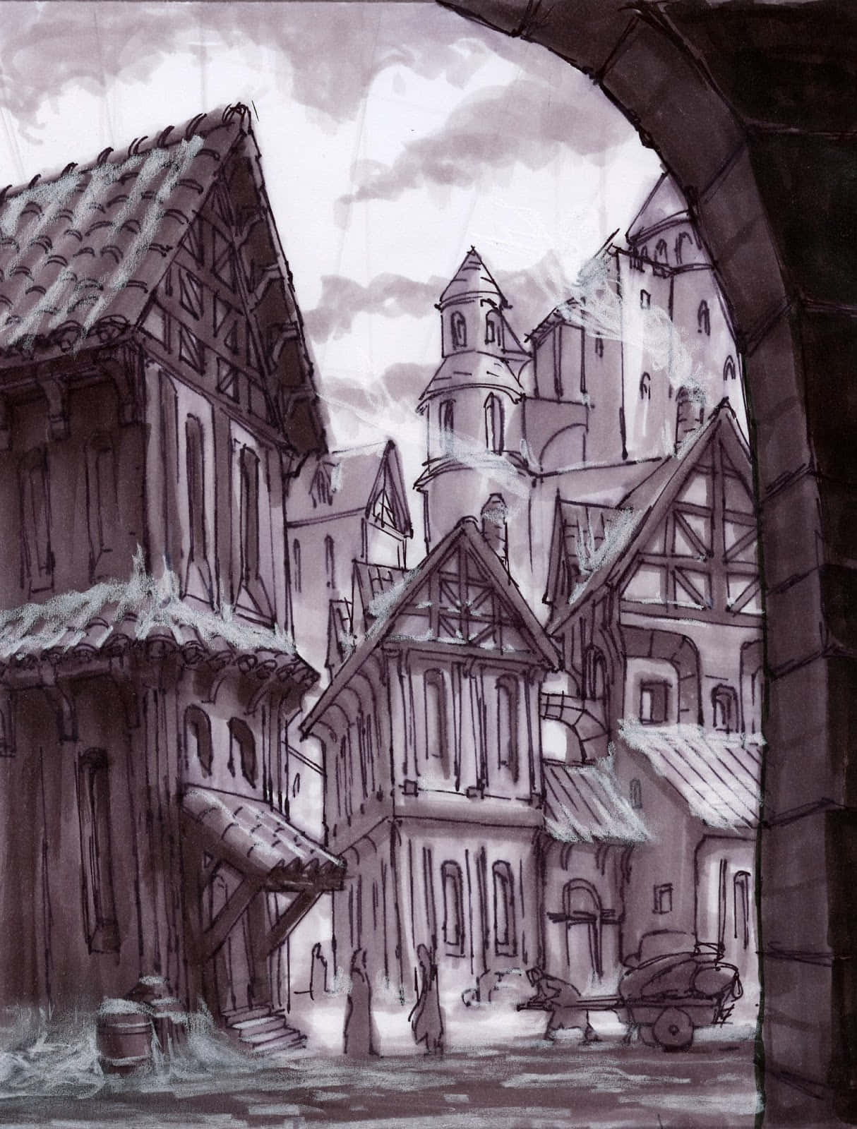 Skyrim Solitude 桌布 壁紙 — 一幅單色墨水畫，描繪透過石拱門看到的雪中世紀小鎮，街道上有行人和馬車。