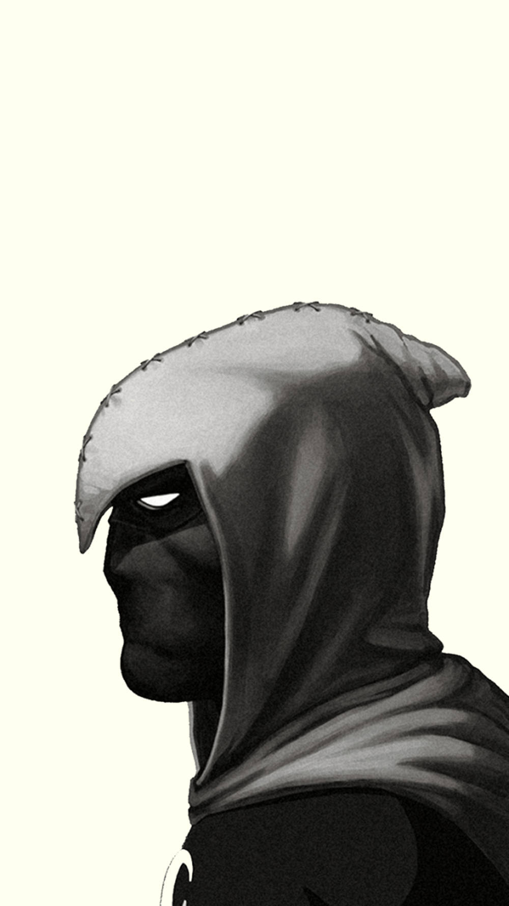 Moon Knight 桌布 壁紙 — 一幅單色插圖，描繪一個戴著兜帽的人物側面，眼睛發光，背景蒼白。
