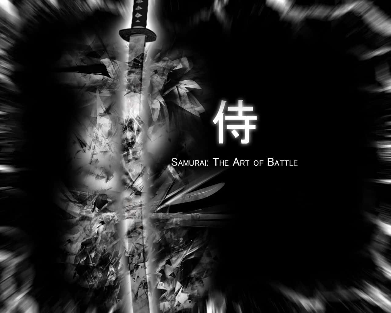 Black And White Samurai 桌布 壁紙 — 一幅單色數位藝術桌布，展示武士刀被破碎玻璃碎片包圍，下方有武士的漢字和文字。