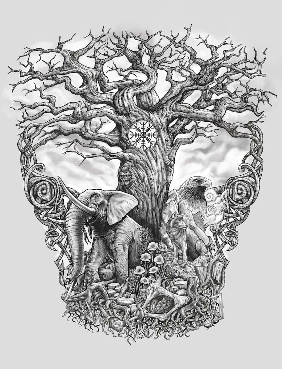 Black Art 桌布 壁紙 — 一幅單色精細插圖，描繪一棵多節的樹，樹上有動物和符號形成頭骨形狀。