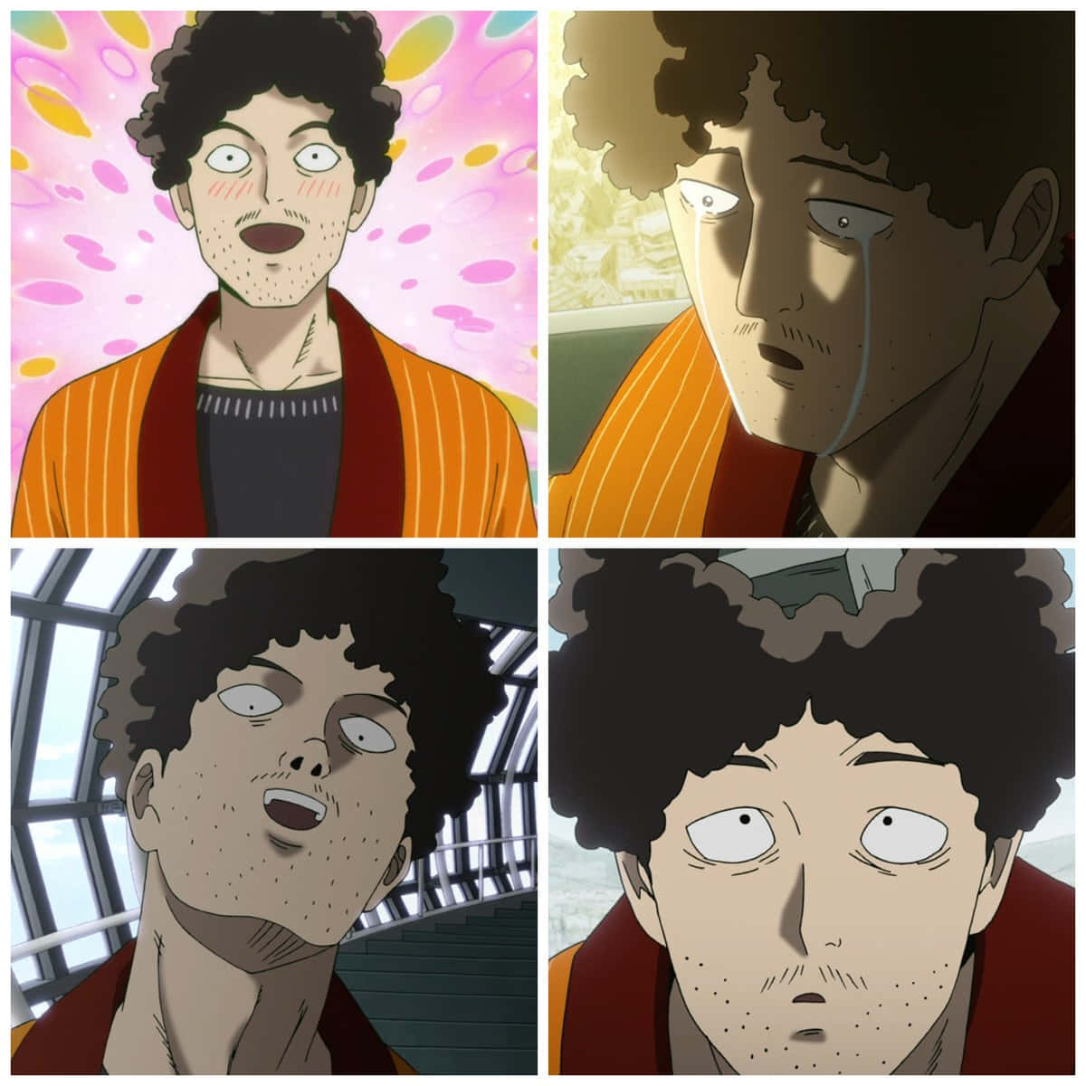 Katsuya Serizawa 桌布 壁紙 — 一幅四格動漫拼貼畫，展示一個捲髮男子從震驚到悲傷的豐富情感狀態。