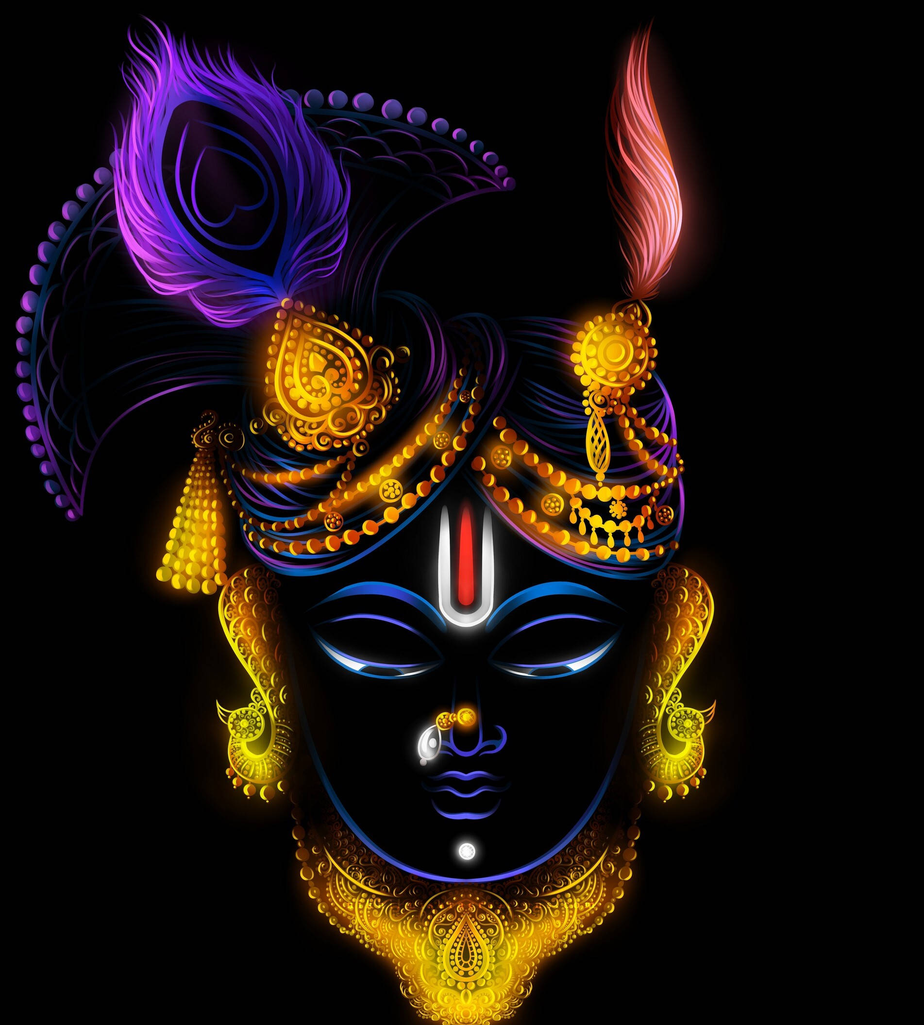 Shrinathji 桌布 壁紙 — 一幅在黑色虛空中，以發光黃金首飾和鮮豔紫粉羽毛裝飾的神聖人物的光芒四射數碼肖像。