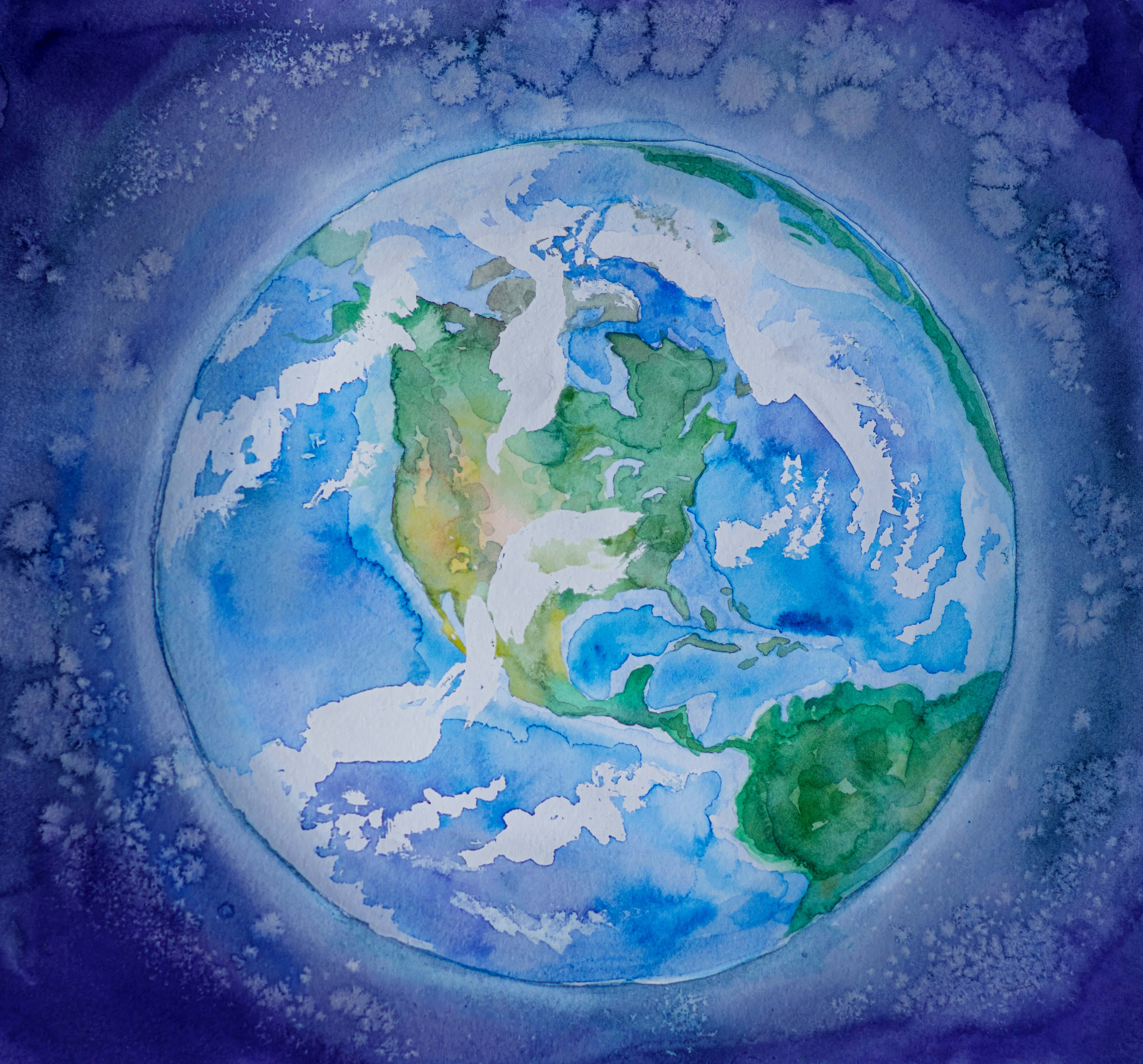 Space Art 桌布 壁紙 — 一幅地球水彩畫，描繪藍色海洋、綠色大陸和白色雲朵，背景是深紫色的宇宙。