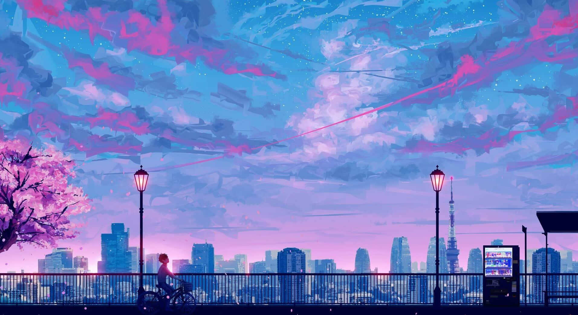 一幅城市天際線與粉紅雲朵的畫作 壁紙