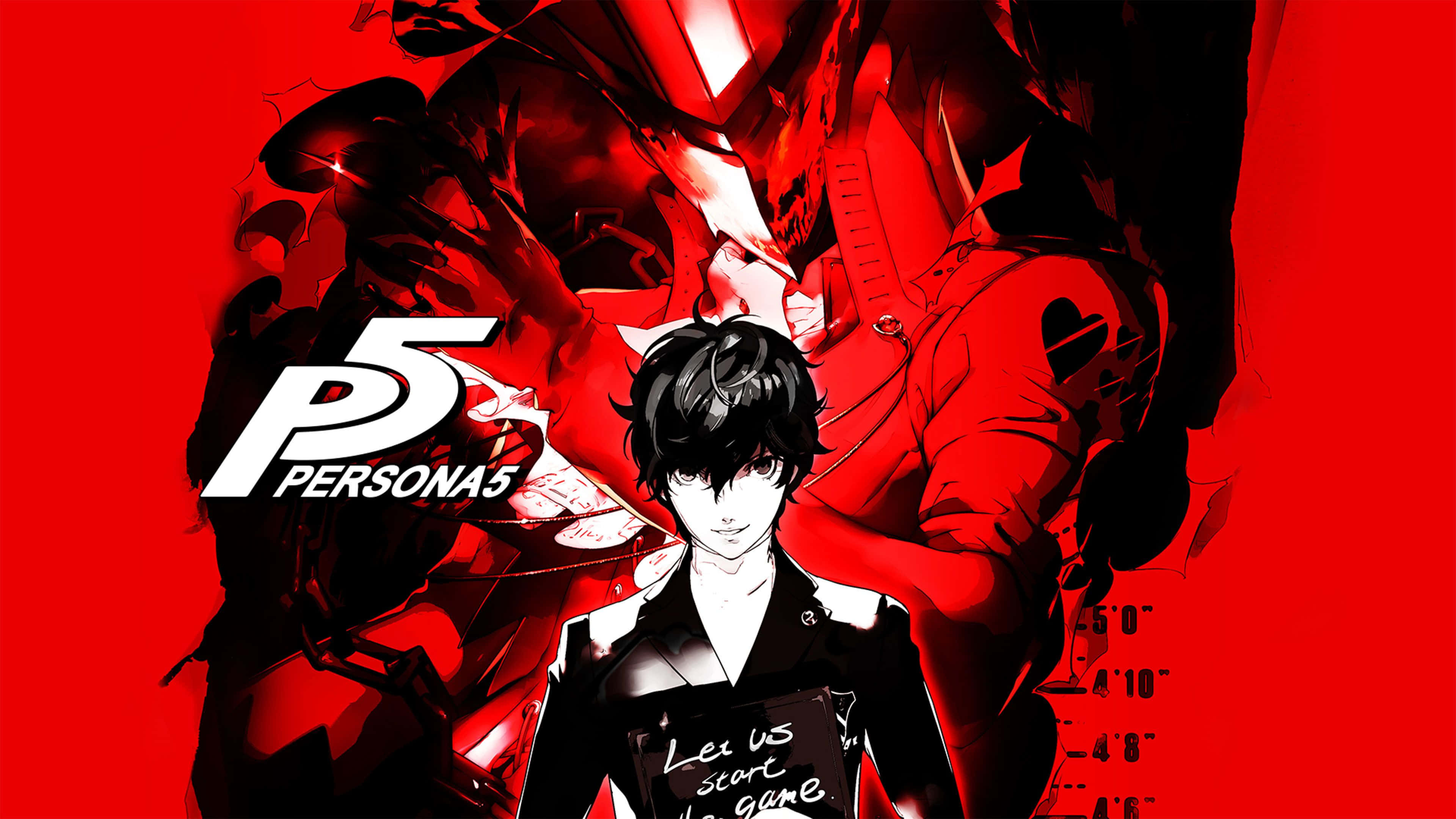 persona 桌布 壁紙 — 一幅大膽的動漫風格插圖，描繪一名身穿黑色校服的年輕男子，背景為鮮紅色，帶有陰影人物和 Persona 5 標誌。