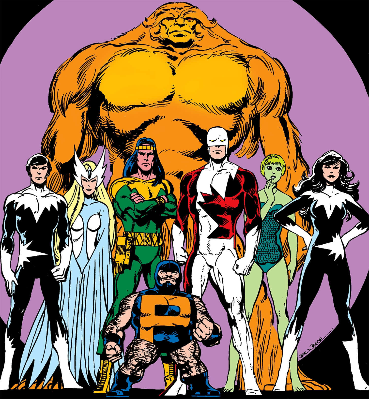 Alpha Flight 桌布 壁紙 — 一幅大膽的漫畫插圖，描繪了七位超級英雄，包括一隻巨大的橙色猩猩和一個蹲伏的男子，胸前有一個「P」字。