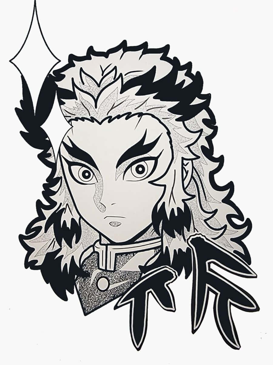 Rengoku Minimalist 桌布 壁紙 — 一幅大膽的黑白動漫風格插圖，描繪一位頭髮尖刺、眼神銳利的兇猛戰士。