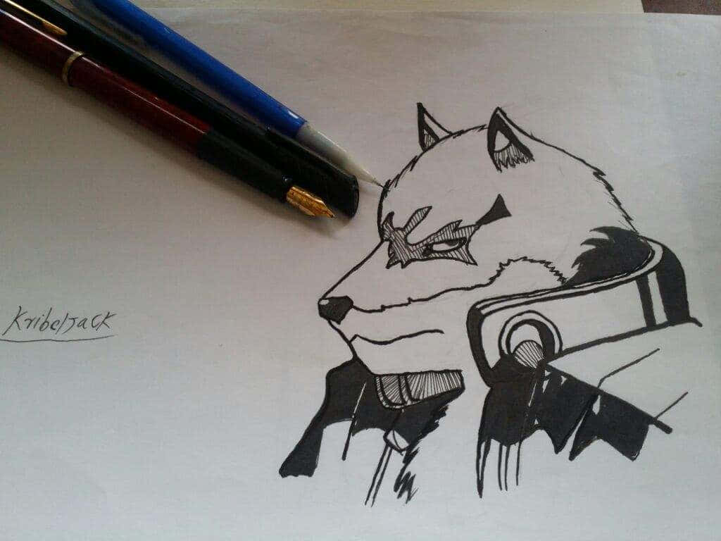 Sajin Komamura 桌布 壁紙 — 一幅大膽的黑白墨水畫，描繪一個風格化的狼戰士，眼睛纏著繃帶，身穿盔甲，旁邊放著一支鋼筆在紙上。