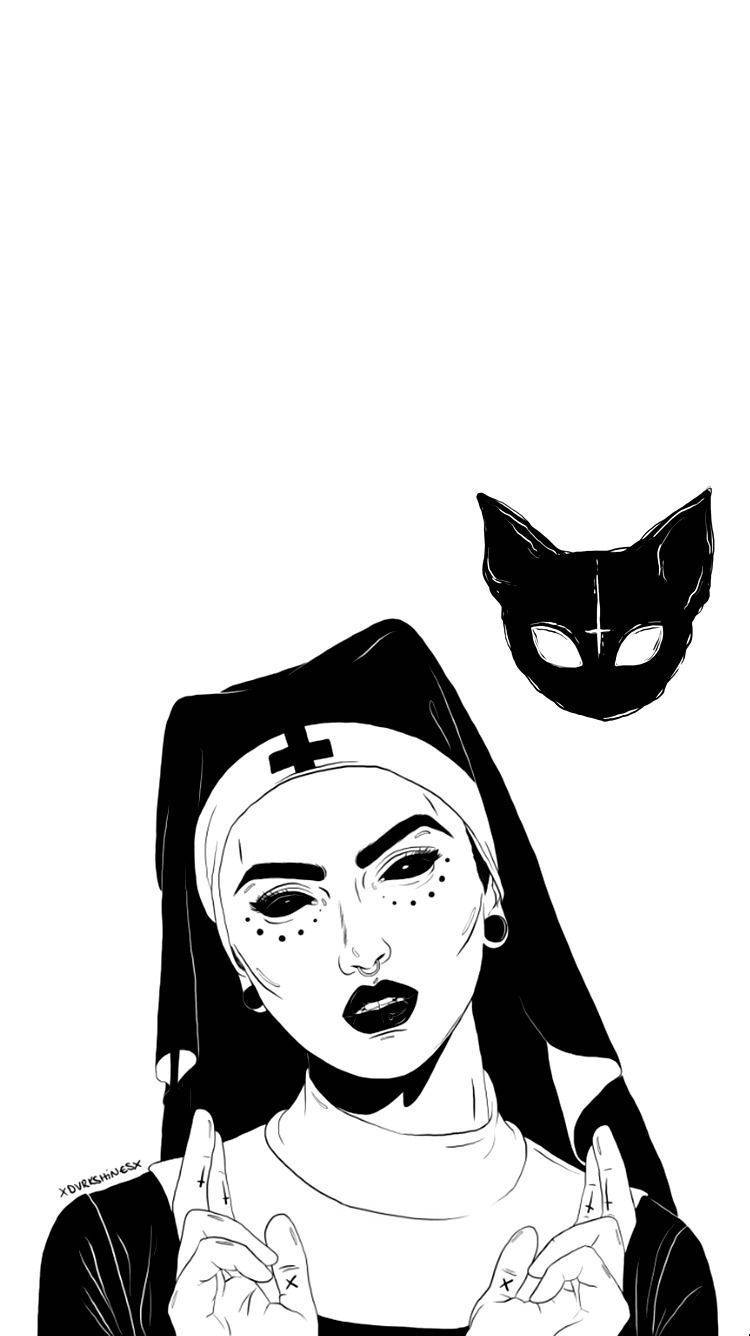 黑白 桌布 壁紙 — 一幅大膽的黑白插圖，描繪一位修女化著深色妝容，頭頂漂浮著貓面具。
