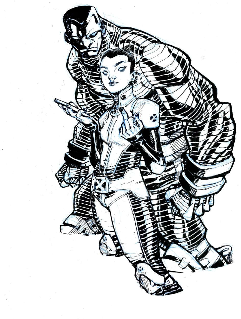 Negasonic Teenage Warhead 桌布 壁紙 — 一幅大膽的黑白插圖，描繪一位穿著未來裝備的女性挑釁地向前直視，而一個具威脅性的裝甲人物在她身後隱現。