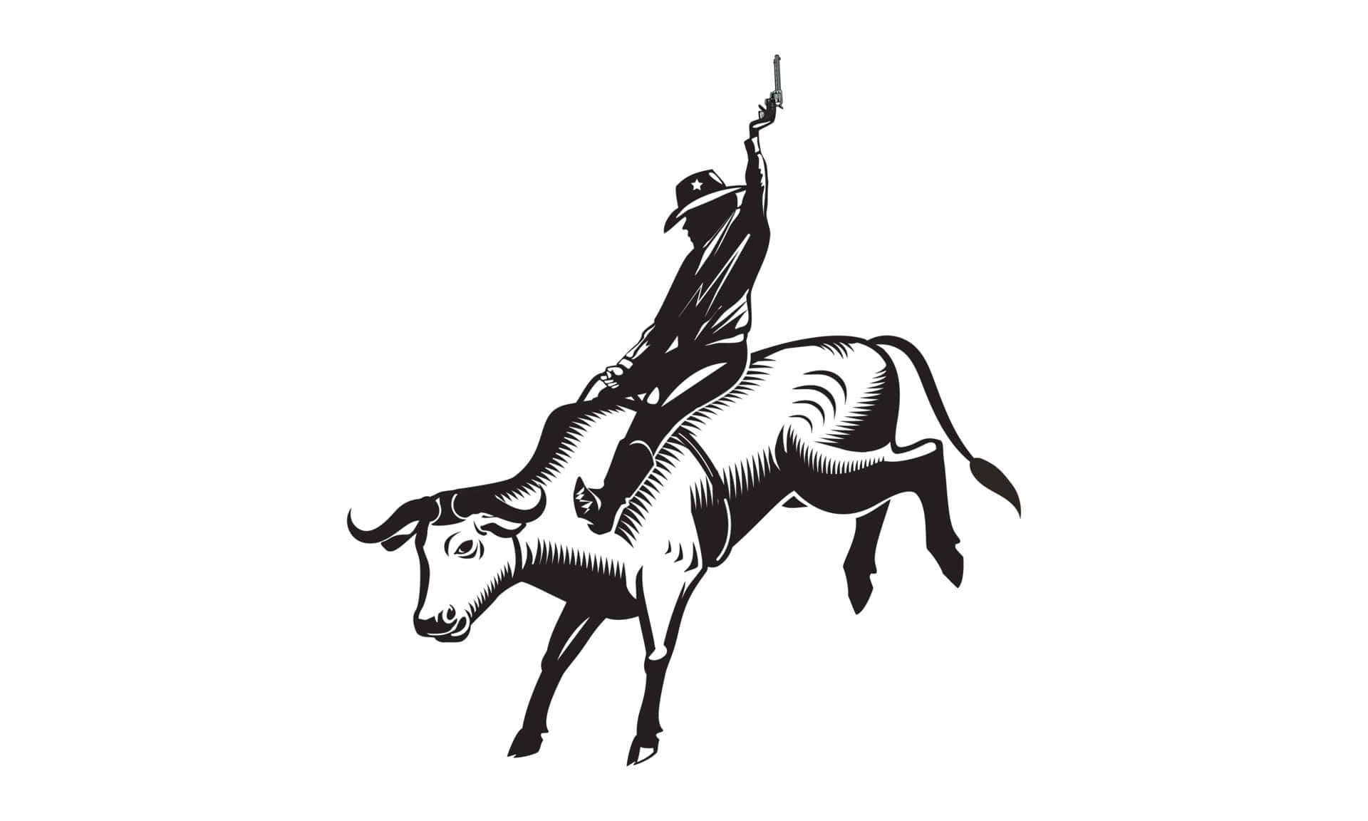 Rodeo 桌布 壁紙 — 一幅大膽的黑白插圖，描繪一名牛仔騎著一頭狂跳的公牛，同時舉起一把手槍。