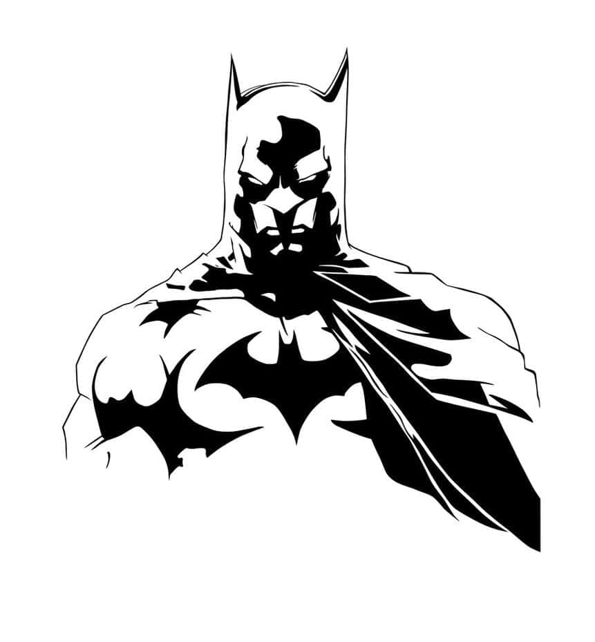 Batman Black And White 桌布 壁紙 — 一幅大膽的黑白插圖，描繪蝙蝠俠的標誌性剪影，斗篷飄揚，胸前中央有蝙蝠標誌。