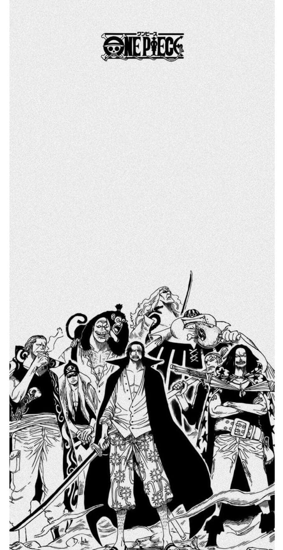 One Piece Manga 桌布 壁紙 — 一幅大膽的黑白漫畫插圖，描繪《海賊王》船員拔劍而立，氣勢逼人。