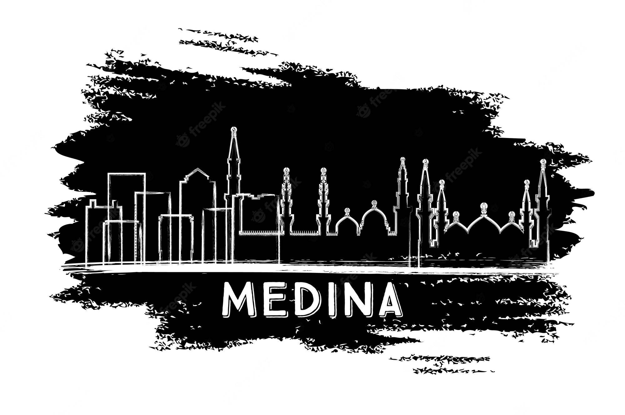 Madina 桌布 壁紙 — 一幅大膽的黑白素描，描繪麥地那天際線，宣禮塔和建築物在紋理筆觸背景上勾勒出輪廓。