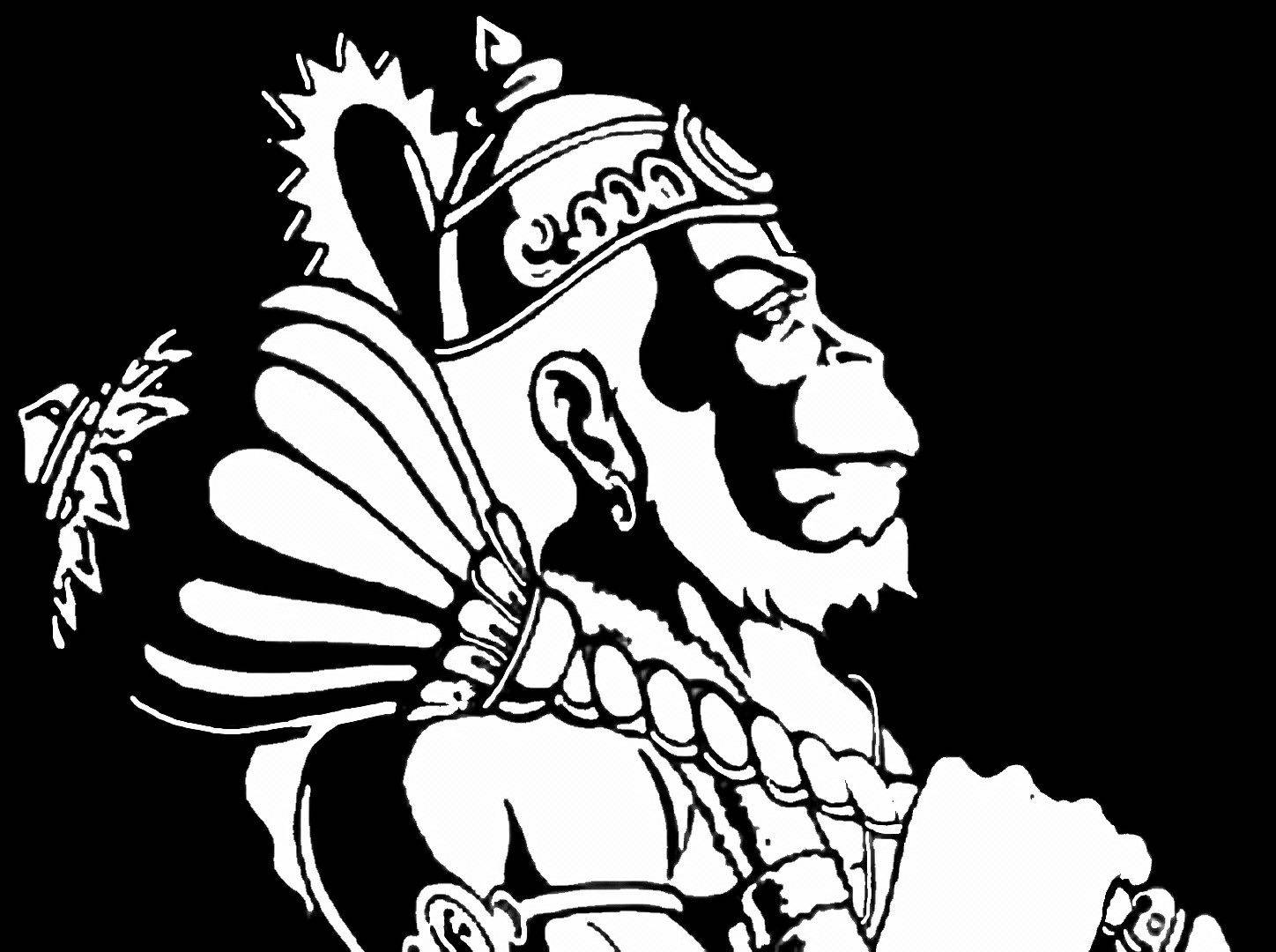 lord hanuman 桌布 壁紙 — 一幅大膽的黑白線條藝術插圖，描繪了一位威嚴的猴王側面，戴著華麗的王冠和羽毛頭飾。