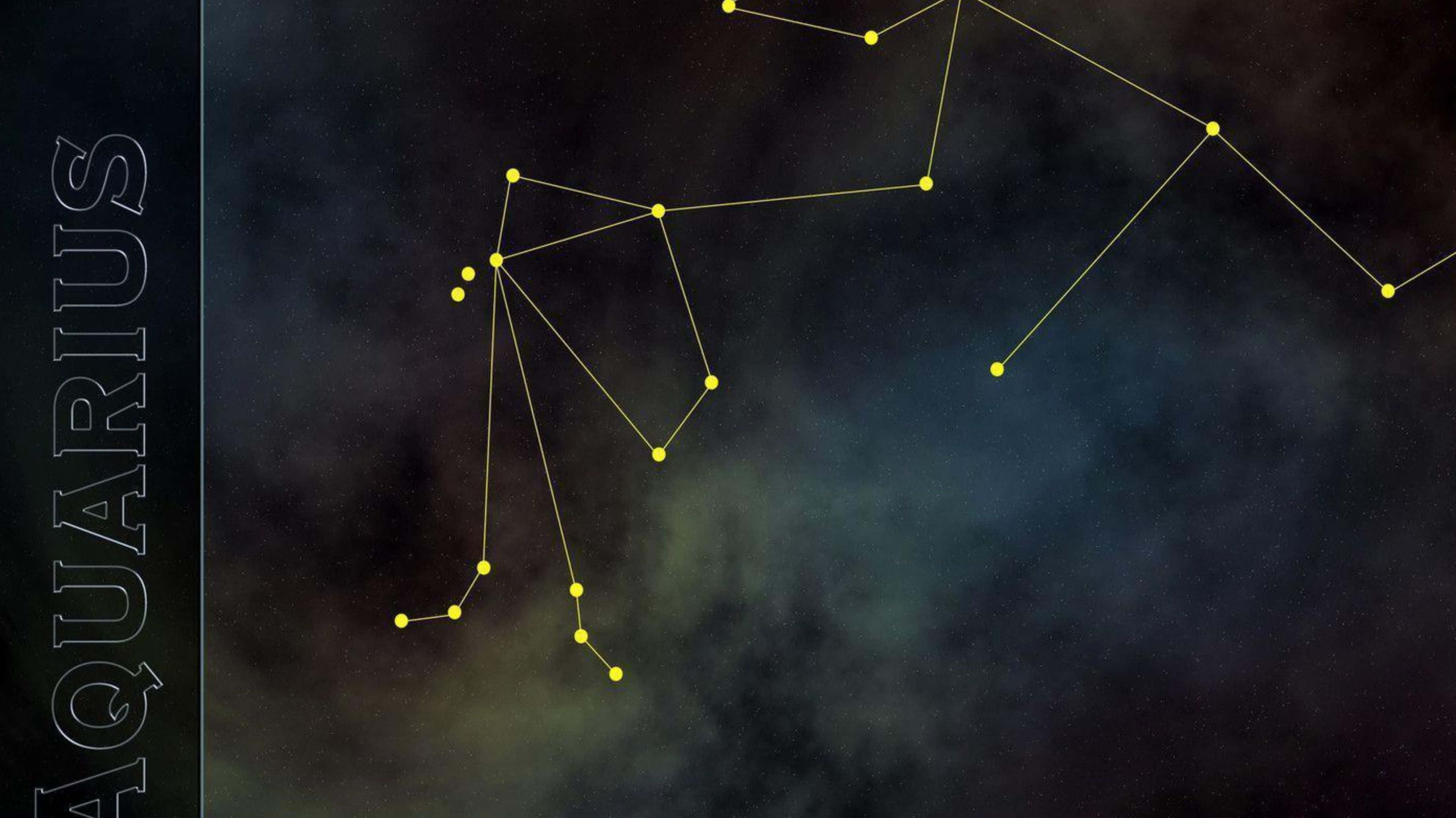 aquarius 桌布 壁紙 — 一幅天體圖突出了水瓶座，以發光的黃色星星由線條連接，背景是黑暗星雲。