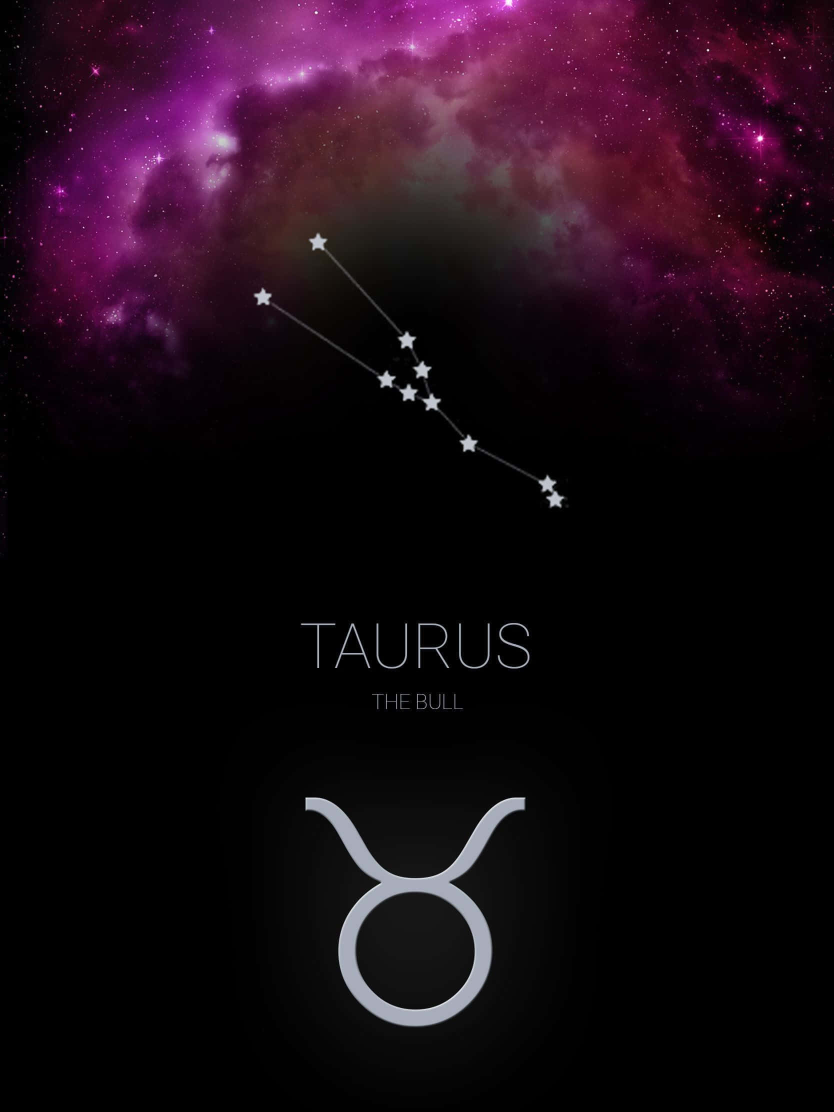 金牛座 桌布 壁紙 — 一幅天體圖突出金牛座星座，背景是充滿活力的紫色星雲，下方有其星座符號。
