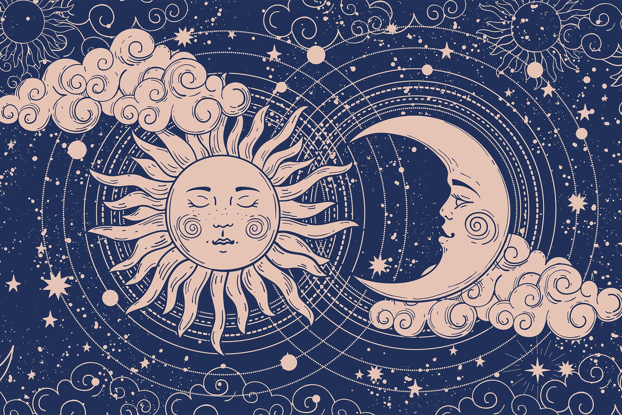 太陽與月亮 桌布 壁紙 — 一幅天體插圖，描繪了寧靜的太陽和月亮，它們帶有面孔，被星星和旋轉的雲朵環繞在深藍色背景上。