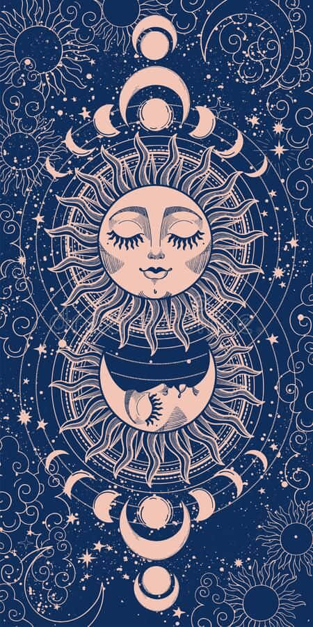 Sun And Moon Aesthetic 桌布 壁紙 — 一幅天體插圖，描繪了閉著眼睛的寧靜太陽和下方的彎月，周圍環繞著星星和漩渦狀的宇宙圖案，背景為深藍色。