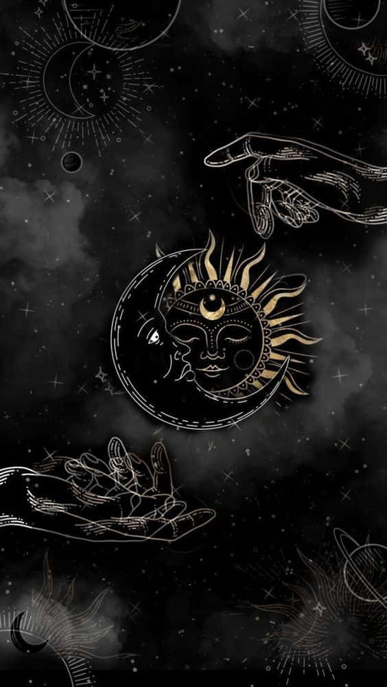 Sun And Moon Aesthetic 桌布 壁紙 — 一幅天體插圖，金色太陽月亮臉龐，雙手伸向宇宙符號，背景是繁星點點的黑色。