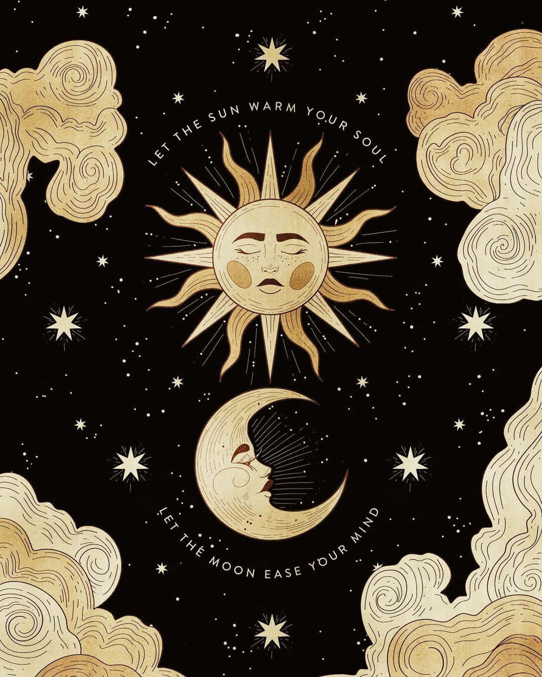 Sun And Moon Aesthetic 桌布 壁紙 — 一幅天體插圖描繪了寧靜的太陽和月亮，它們的臉孔被星星和旋轉的雲朵環繞，背景為黑色。