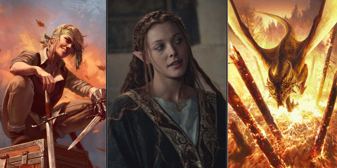 The Witcher Characters 桌布 壁紙 — 一幅奇幻三聯畫，描繪一位揮劍的冒險者、一位身穿華麗長袍的精靈女子，以及一條在燃燒森林上空翱翔的火焰巨龍。