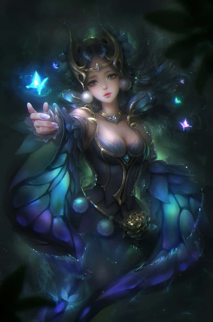 在黑暗森林中施法的發光蝴蝶翅膀仙子。