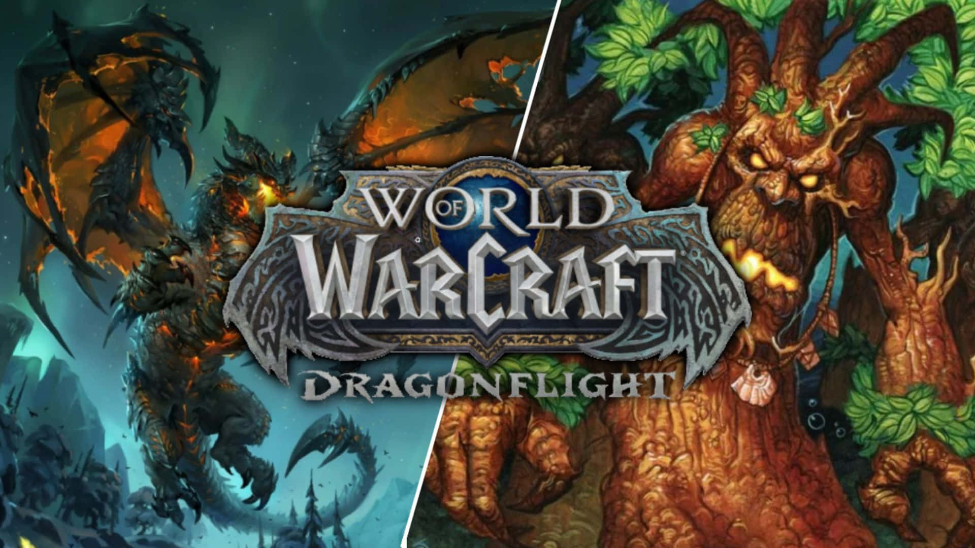 World Of Warcraft Races 桌布 壁紙 — 一幅奇幻藝術作品，由《魔獸世界：巨龍崛起》標誌分割，展示了一條火焰巨龍和一個樹狀元素生物。