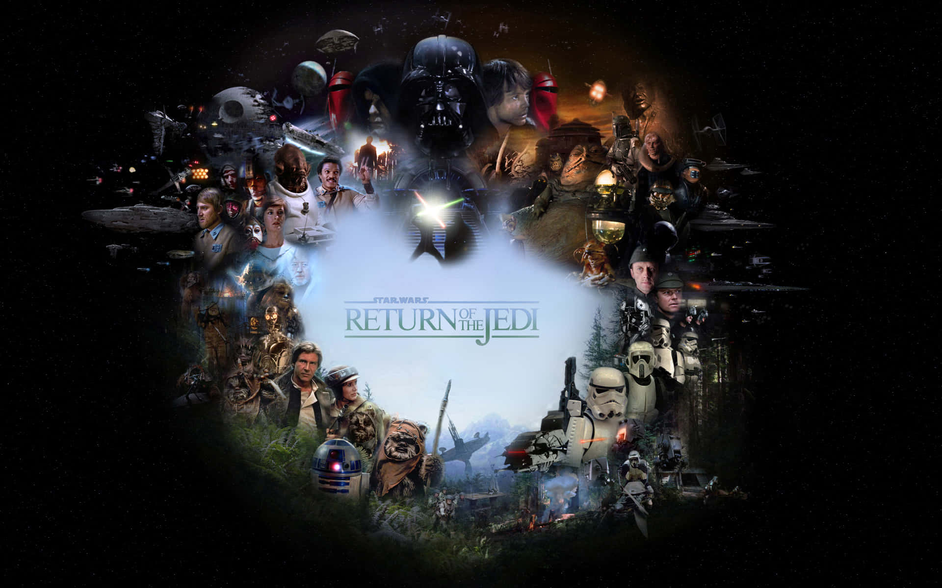 Return Of The Jedi 桌布 壁紙 — 一幅宇宙風格的星戰角色和飛船拼貼畫，來自《星球大戰：武士復仇》，在黑暗星空中閃耀。