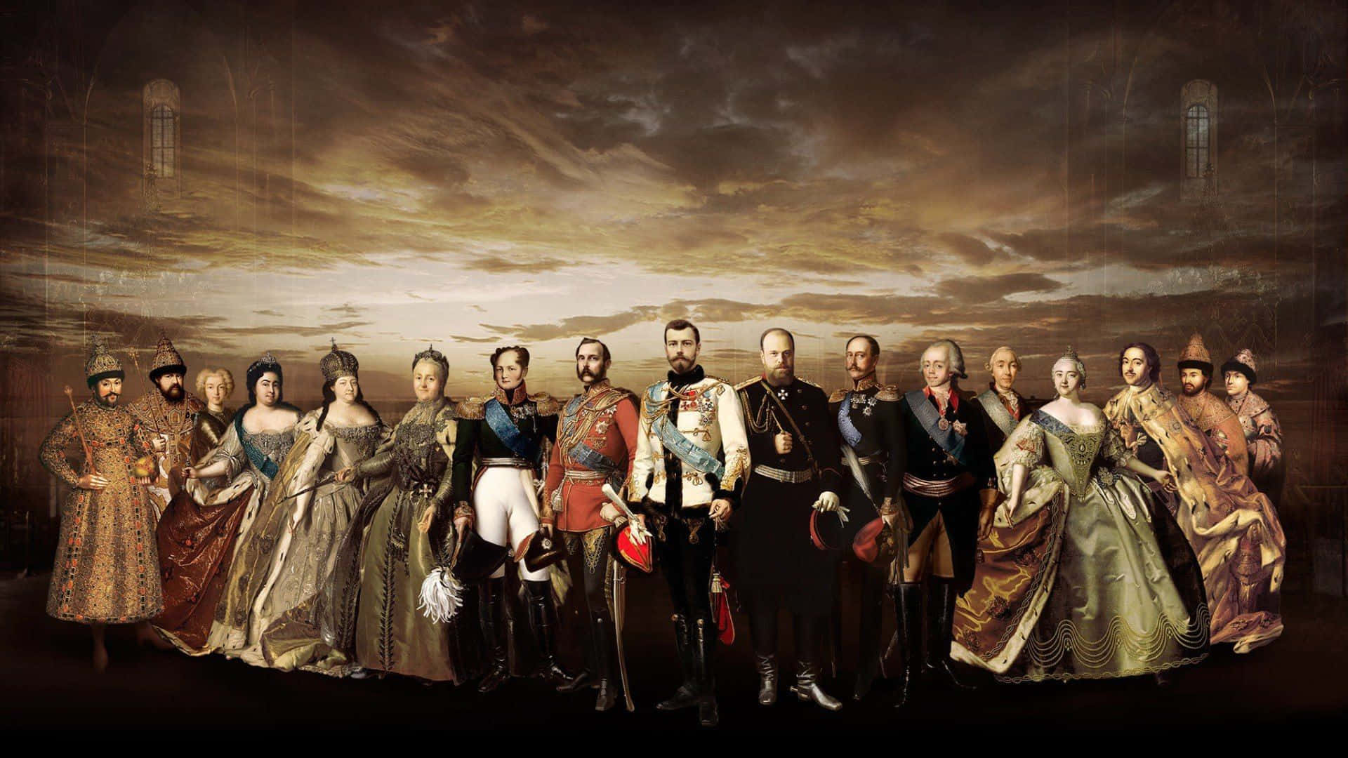 Russia 桌布 壁紙 — 一幅宏偉的歷史肖像畫，描繪君主和貴族身著華麗的時代服裝，站在戲劇性的多雲天空前。