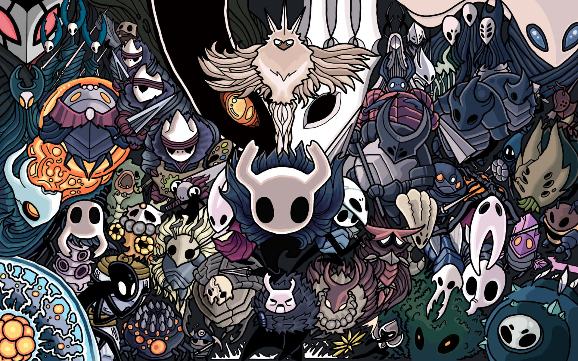 《Hollow Knight》角色身穿黑暗奇幻盔甲與面具，帶有發光眼睛。