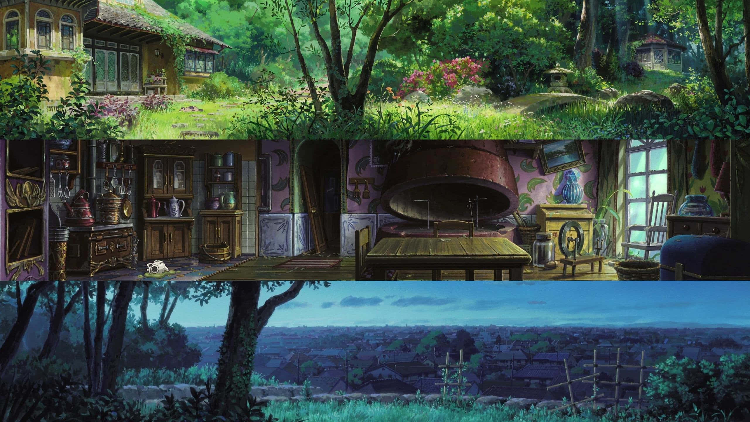 Studio Ghibli Art 桌布 壁紙 — 一幅寧靜的動漫風格拼貼畫，展示茂密的森林小屋、帶有大型烤箱的舒適雜亂室內，以及從山坡上俯瞰村莊的黃昏景色。