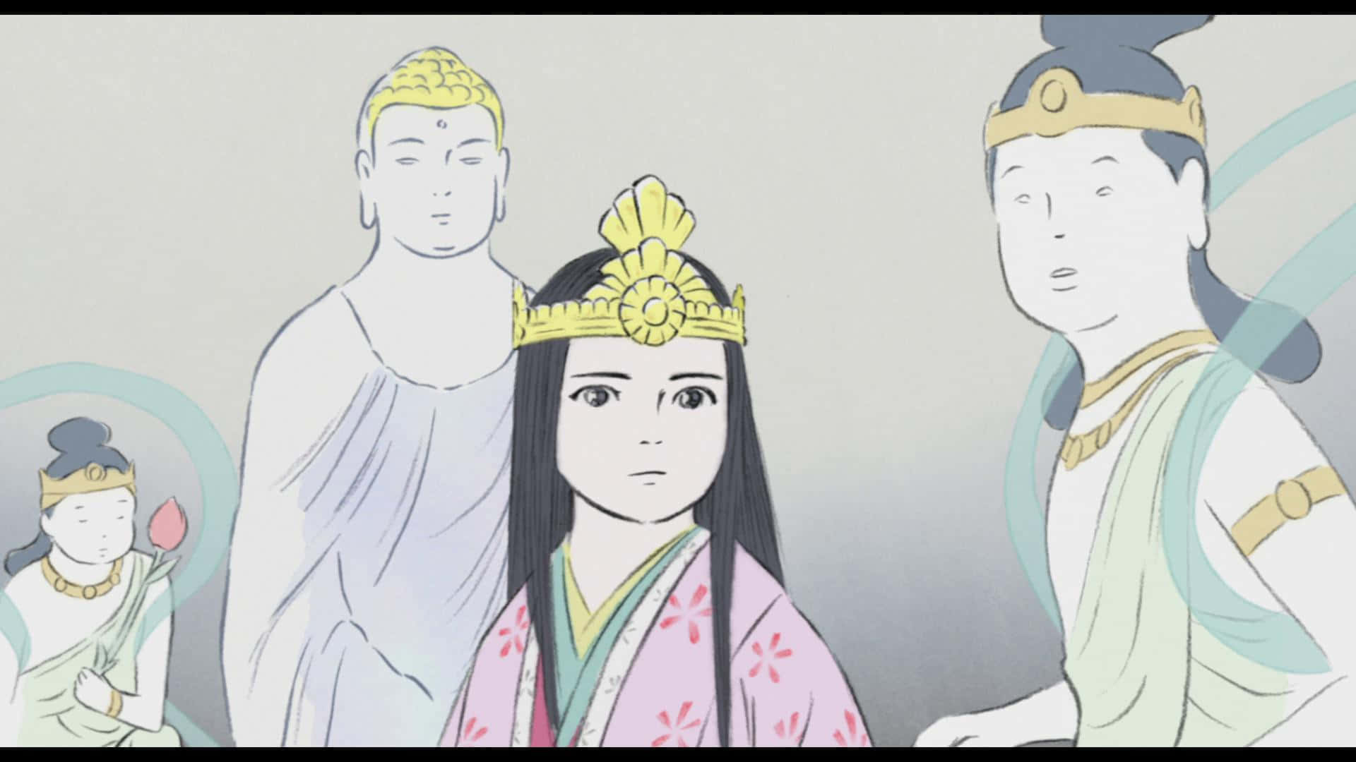 The Tale Of The Princess Kaguya 桌布 壁紙 — 一幅寧靜的動漫風格插圖，描繪一位身穿粉紅色花卉和服、頭戴金色皇冠的年輕女性，兩側有佛教人物，背景為柔和的灰色。