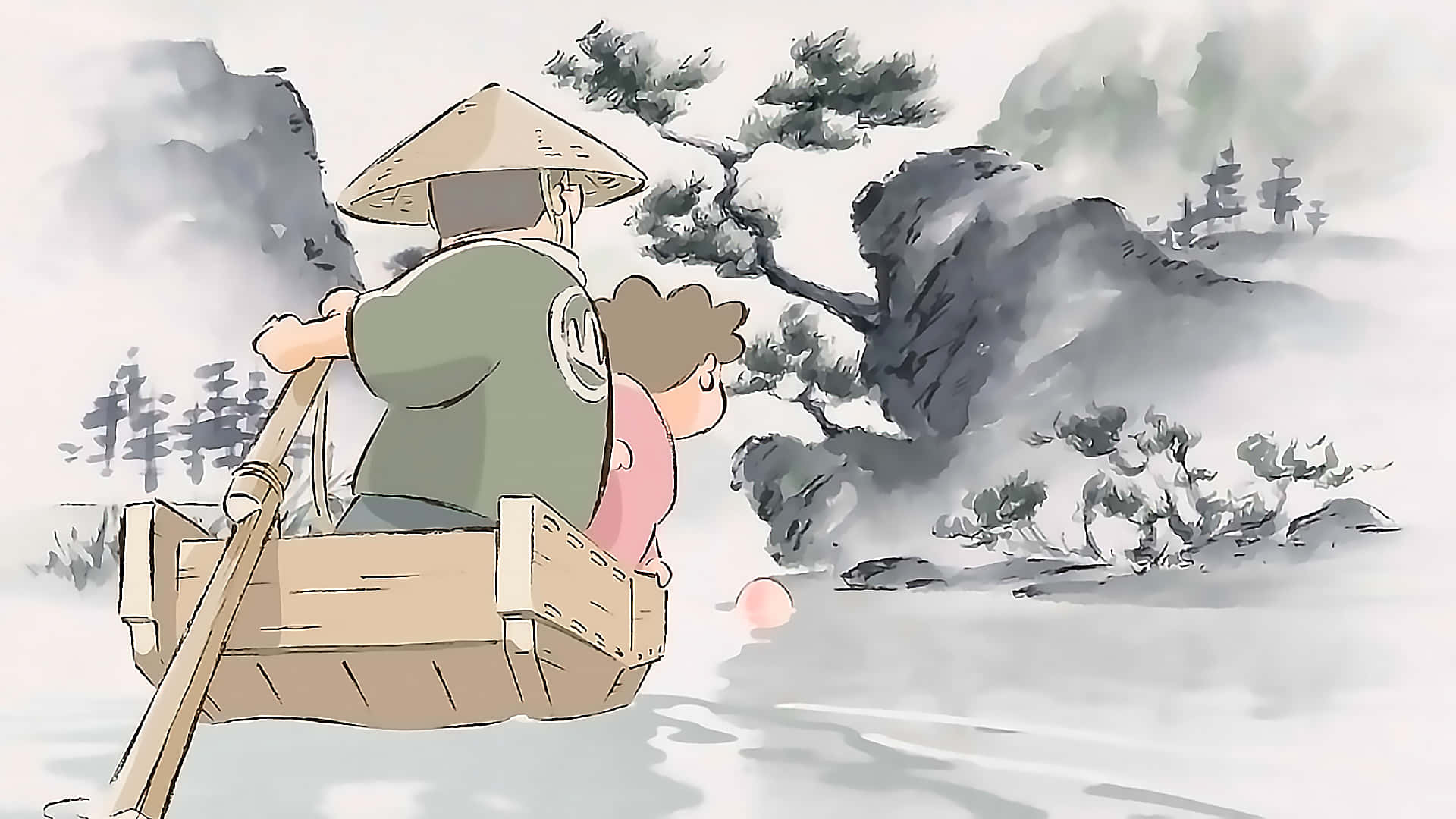 My Neighbors The Yamadas 桌布 壁紙 — 一幅寧靜的動漫風格插圖，描繪一個戴著錐形帽子的人與一個小孩在岩石海岸附近划船穿過霧氣瀰漫的水域。