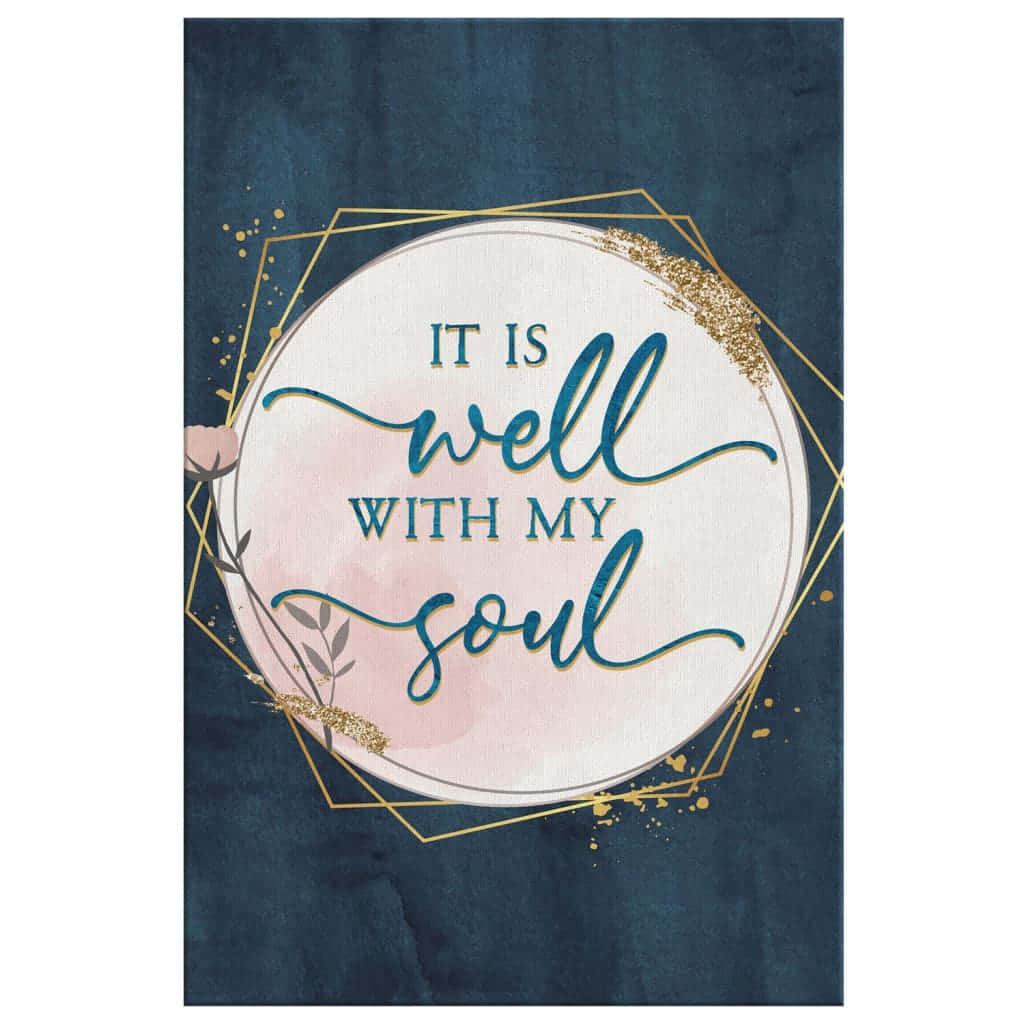 靈魂 桌布 壁紙 — 一幅寧靜的勵志名言藝術作品，在紋理海軍藍背景上的金色幾何框架內，以優雅字體寫着「我心靈安好」。