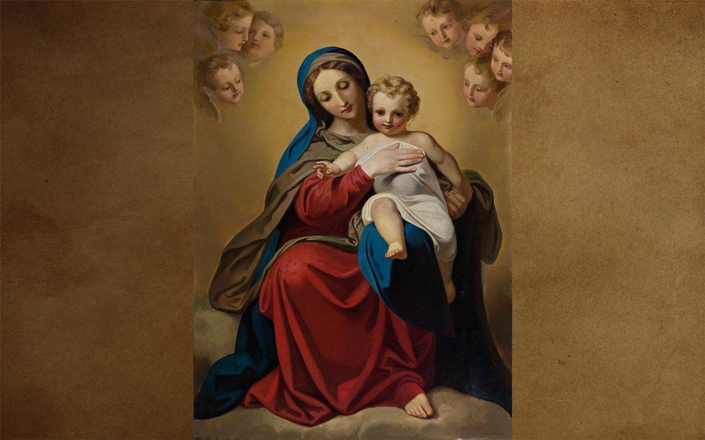 Mary 桌布 壁紙 — 一幅寧靜的古典繪畫，聖母瑪利亞身穿紅藍長袍懷抱基督嬰孩，周圍有天使圍繞。