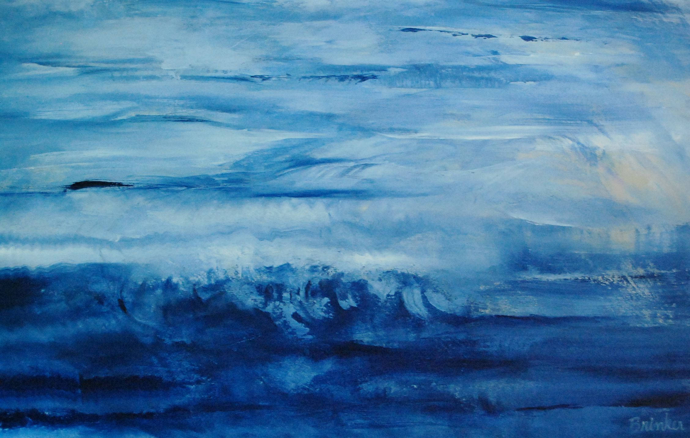 Painting 桌布 壁紙 — 一幅寧靜的抽象海洋畫作，以層疊的藍色和白色泡沫捕捉波浪運動。