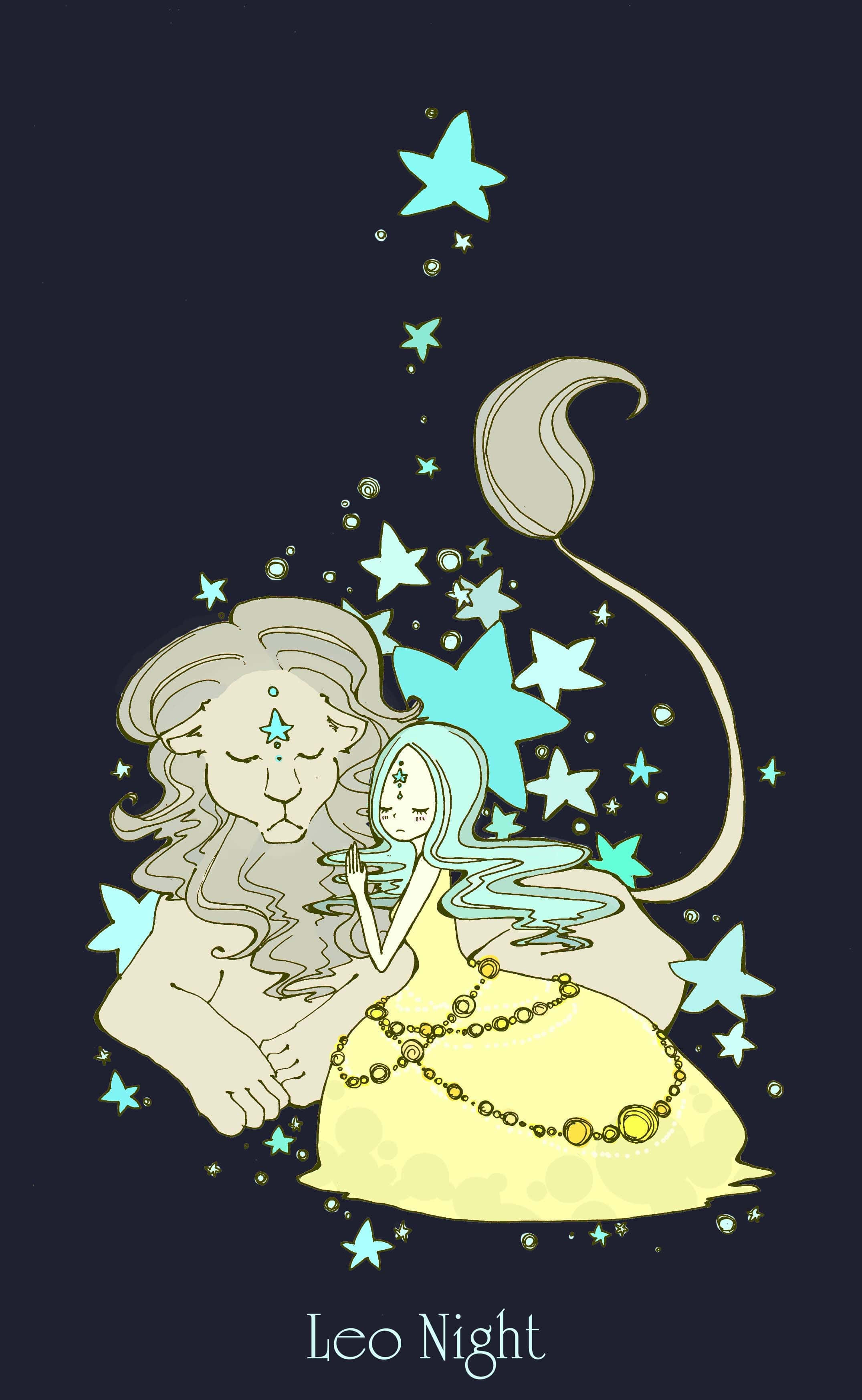 獅子 桌布 壁紙 — 一幅寧靜的插圖，描繪一頭獅子和一個女孩，被發光的藍色星星和一彎新月環繞，背景是黑暗的夜空。